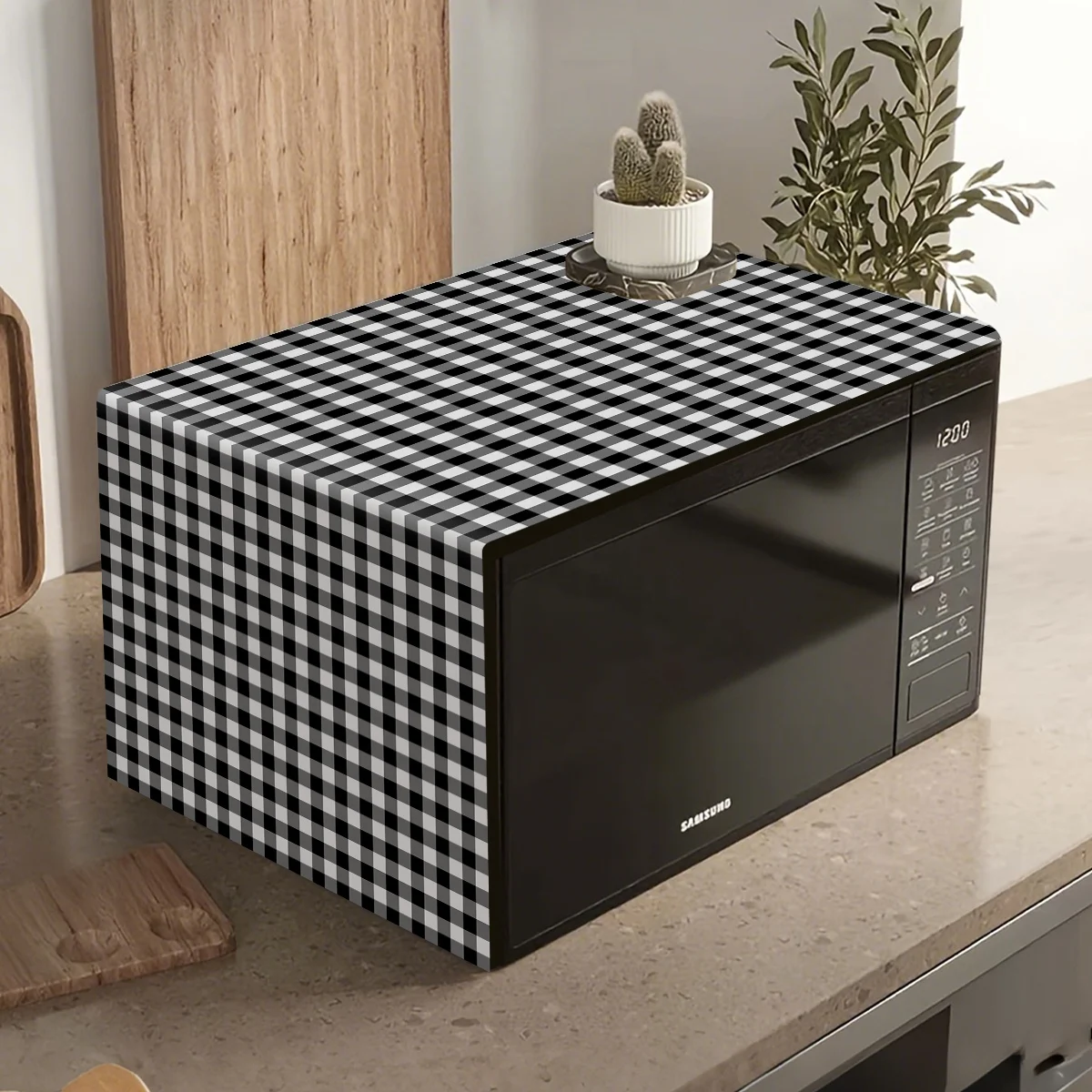 Black White Plaid Microwave Oven Dust Cover Polyester Machine Protector Decorative Kitchen Appliance Cover Kitchen Decor