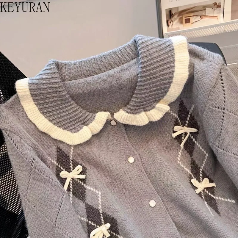 Vintage Ruffles Peter Pan Collar Sweater Women 2024 Autumn Winter Elegant Long Sleeve Kawaii Bow Argyle Knitted Cardigan Jacket