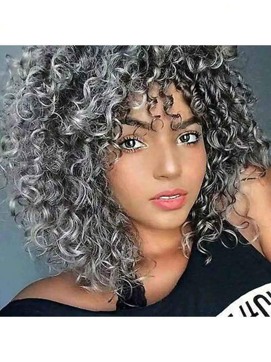 

Парик с кудрявыми волосами для чернокожих женщин - синтетический парик омбре серого цвета, афро-парик с кудрявыми волосами и челкой