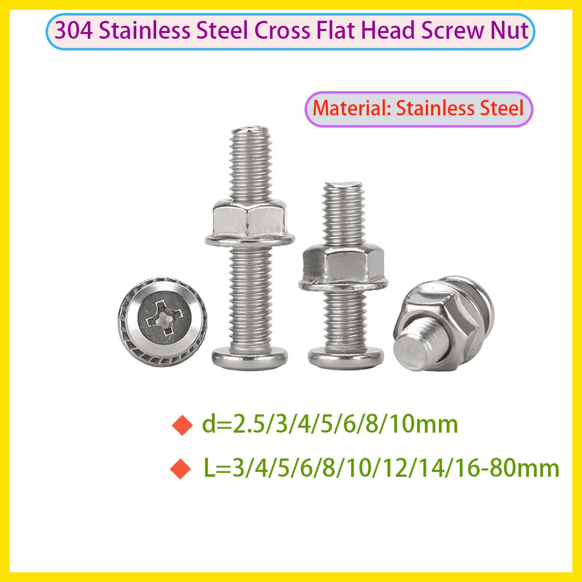 

304 Stainless Steel Flat Head Cross Screw Nut Locking Set