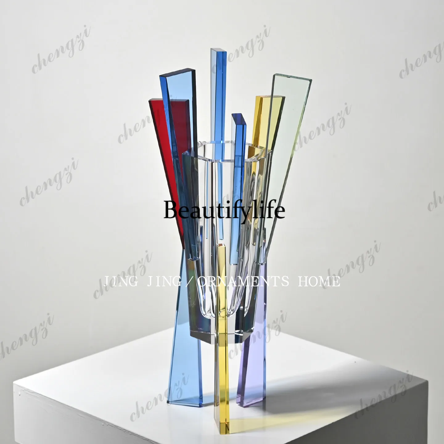 Color vertical bar crystal flower ware abstract geometric splicing high-end vase decoration ornament