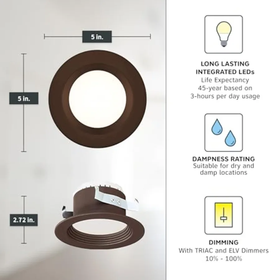 LED Recessed Ceilg Light, Metal Lighting Fixture, Dimmable, 0 Lumens, 3000K, Bronze Baffle Trim, EVL733CBZ30