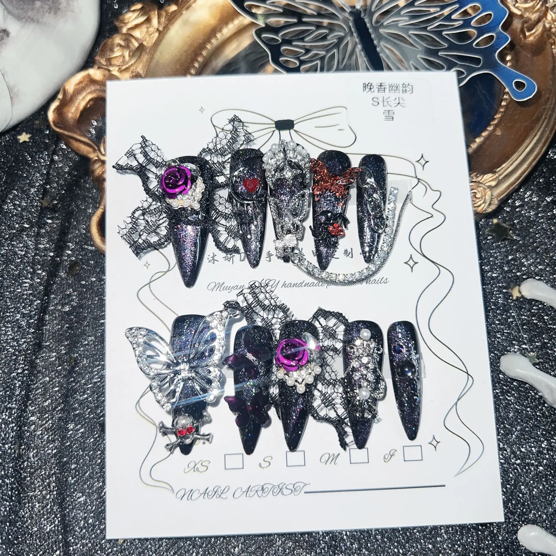 

Gothic Lace Purple Rose Press On Nails With Metal Butterfly Skull Multiple Sizes Black Glitter Purple Rose Lace Design