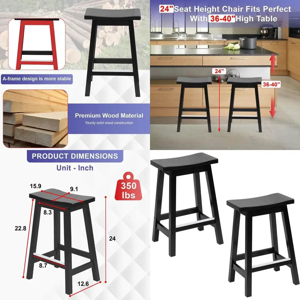 

Set of 2 Wooden Counter Stools - Perfect for Kitchen, Bar, Patio, and Balcony