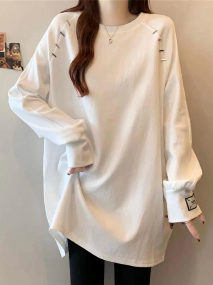 

White Long Sve Mid-Length T-irt Women's Base Layer Meat Covering Autumn New Sle plus Size Cleanfit Loose Fit Pure Color
