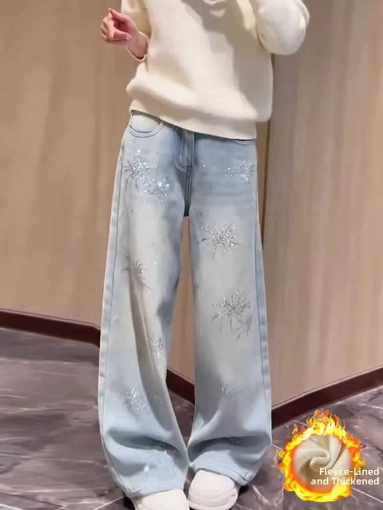 

Женские зимние джинсы-клеш с высокой талией, на флисовой подкладке, с эффектом похудения, с блестящими стразами, широкие штанины