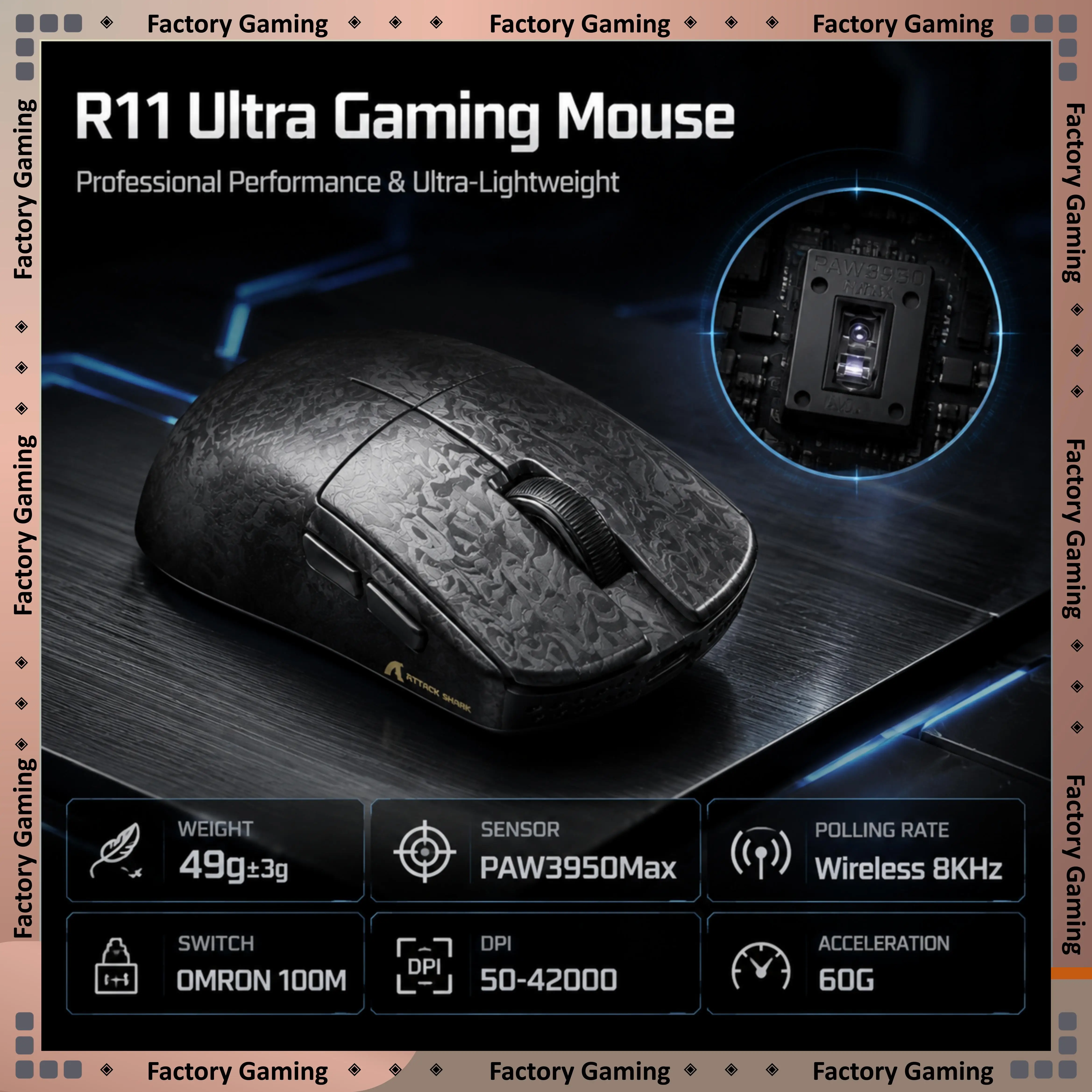 Attack Shark R11 Ultra Gaming Mouse Nordic52840 Chip 750IPS 60G Acceleration OMRON 100M Switch 300mAh Rechargeable Mouse