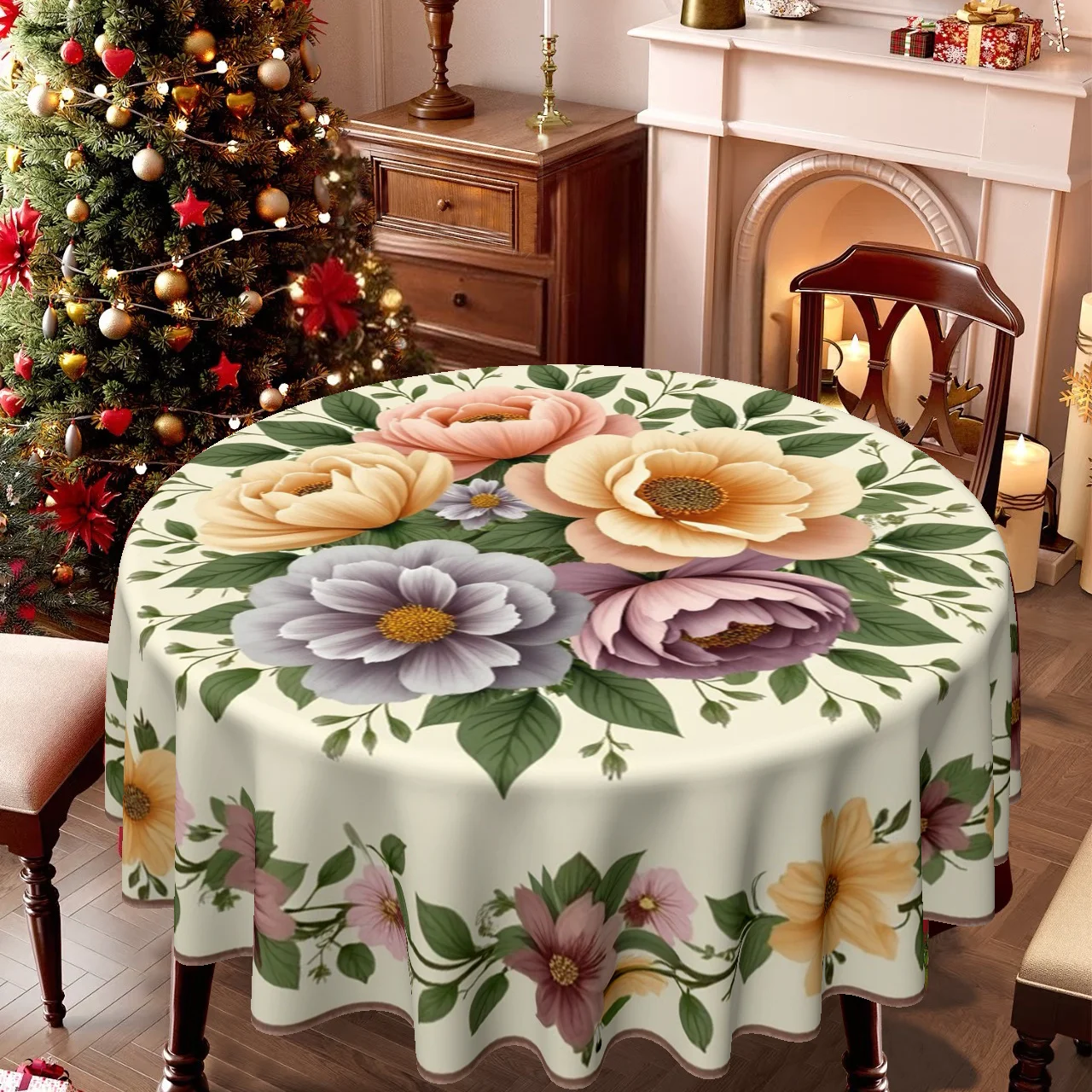 1-Pack 2D printed Valentine's Day and Easter themed round tablecloths with floral motifs for family kitchens and dining rooms
