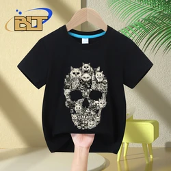 Cat Skull printed kids T-shirt summer children's pure cotton short-sleeved casual tops boys and girls gifts