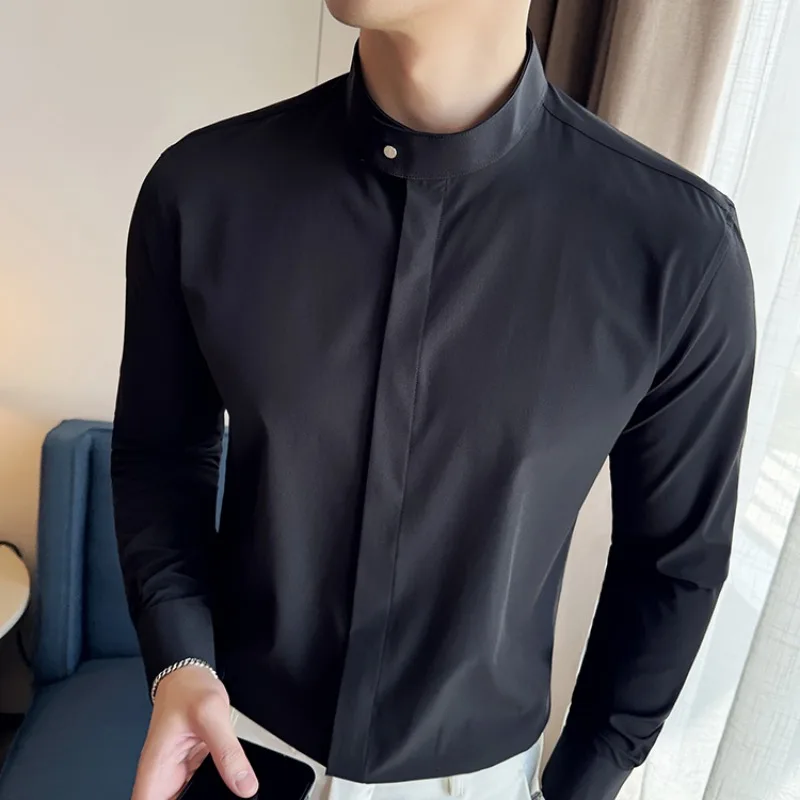 

High-quality Solid Color Shirts Men's Chinese Style Stand Elastic Casual Shirt Business Formal Dress Shirts Social Men Clothing