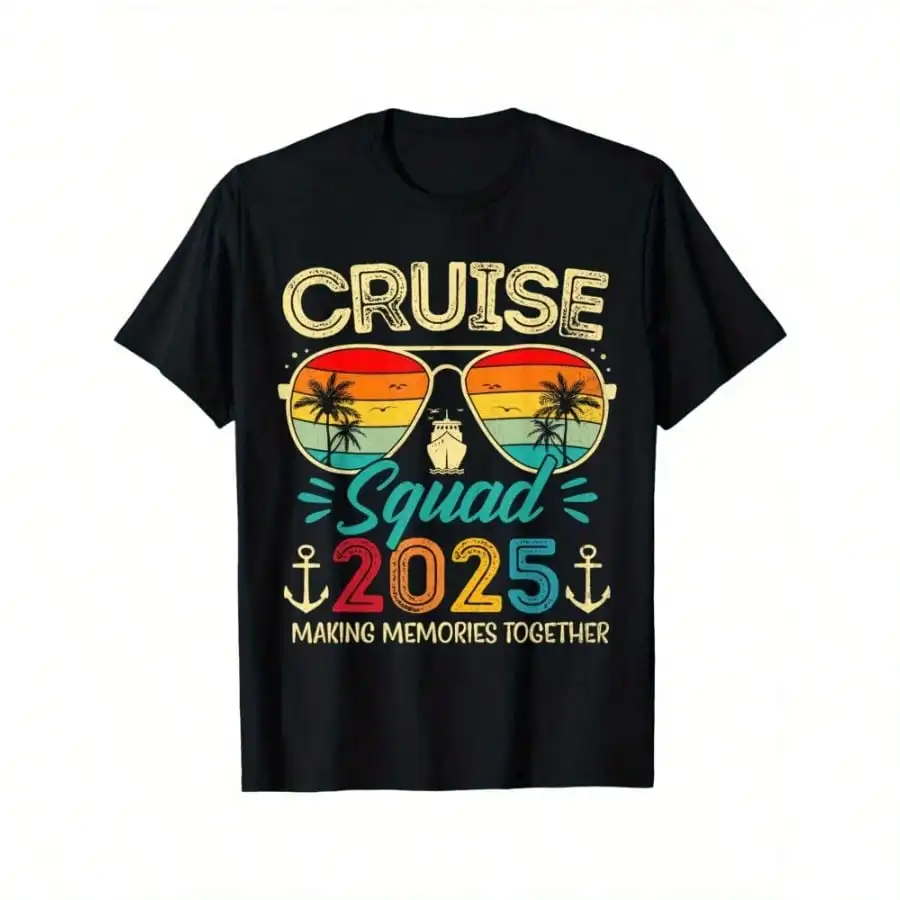

Cruise Squad 2025 Family Matching T-Shirt - Black With Vibrant Cruise Ship & Tropical Graphic, 2025 Design, All-Season Comfort