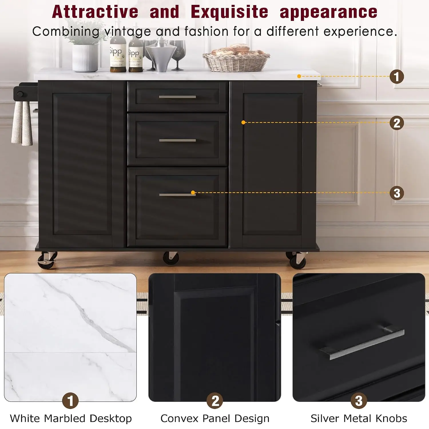 Kitchen Island Cabinet Marble Top Cart Wheels Drop Leaf Spice Towel Rack Shelf Trash Storage Dining Room, Customized image 4