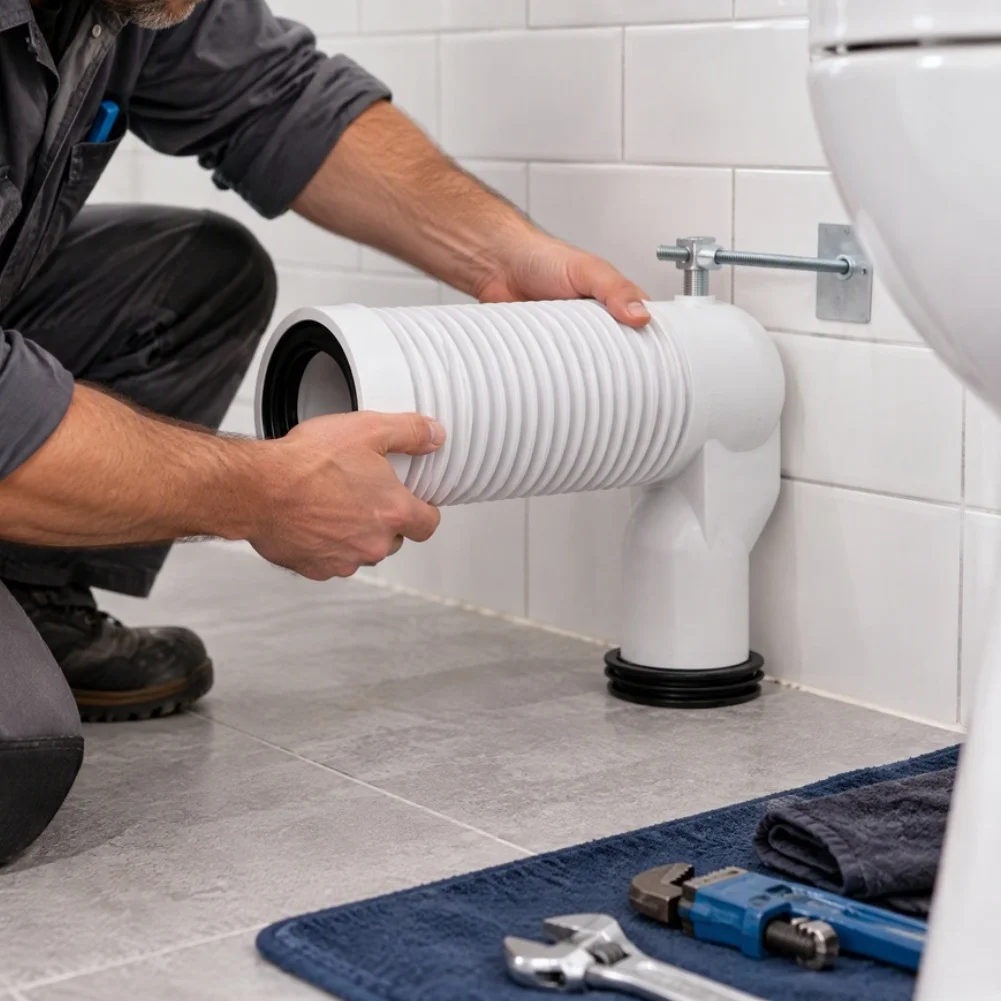 Adjustable Wall Hung Toilet Waste Pipe, 90 Degree Offset Connector For Wall To Floor Drain, ABS Flexible Discharge Elbow, White