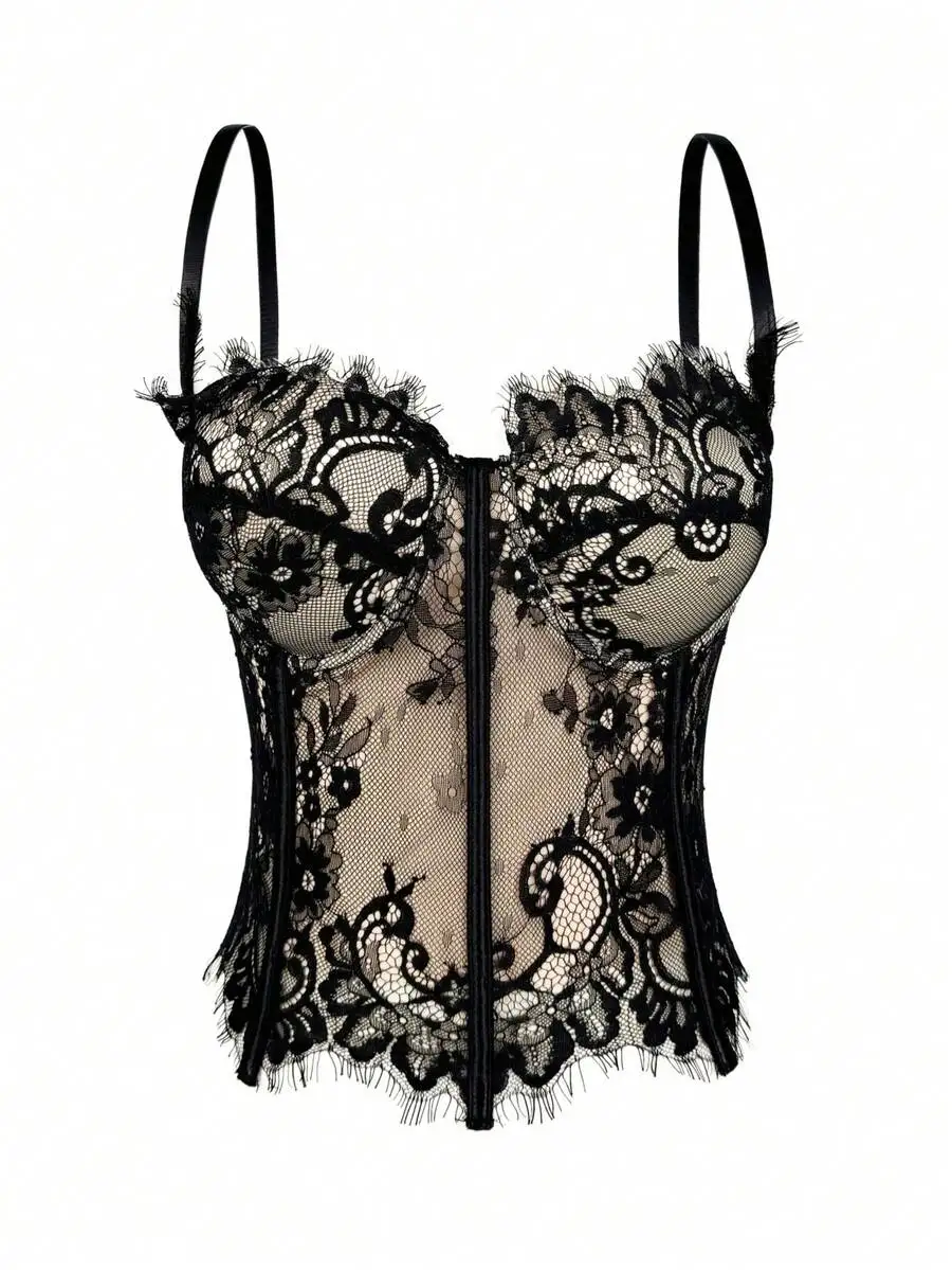 Top corsé de encaje negro para mujer, con detalles florales, y body moldeador.