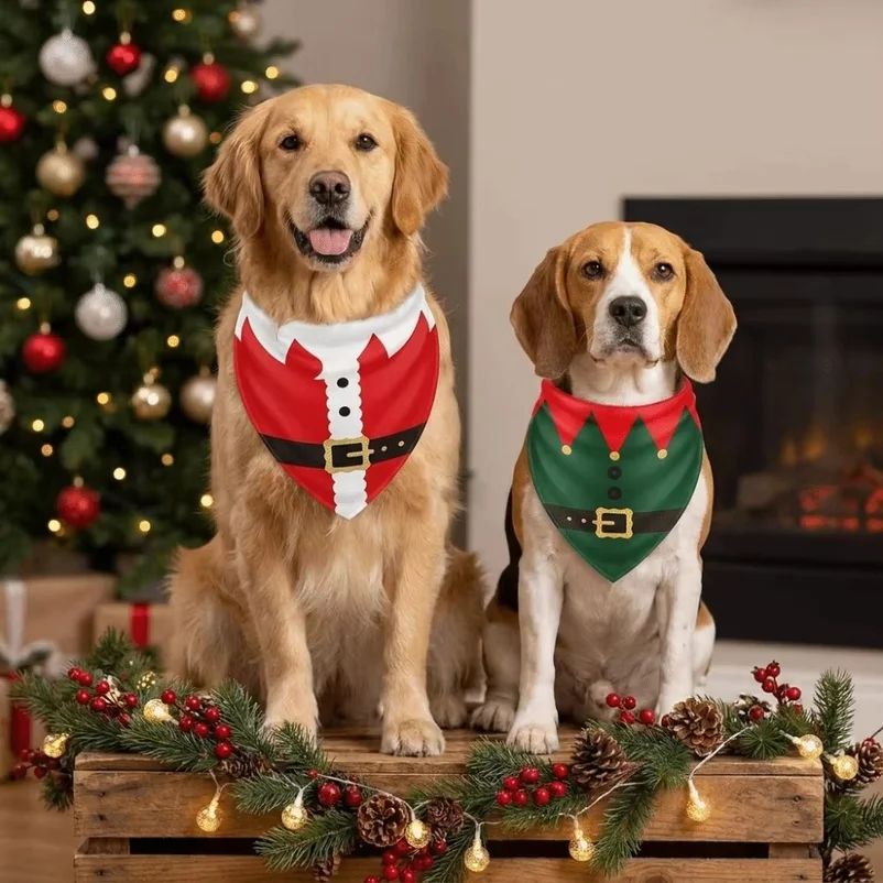 Adjustable Christmas Dog Bandanas Tie-on Polyester Santa Elf Triangle Bib Scarf Red Green Kawaii Pet Neck Scarf