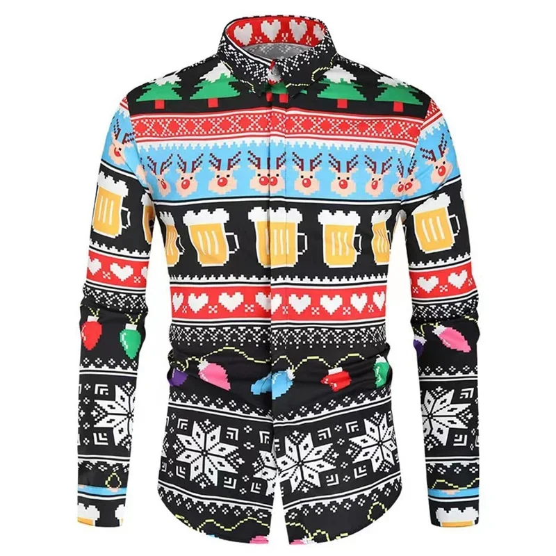 New Men's Long Sleeve Button Shirt Christmas Tree HD Pattern Soft Comfortable Fashionable Simple Casual Family Gathering Shirt