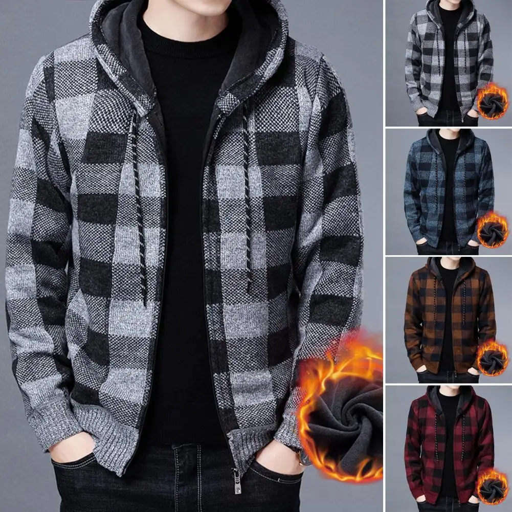 Men Sweater Jacket Fashion Winter Coat Fleece Hoodies High Quality Luxury Checkered Print Hooded Knit Cardigan Male Outer Wear