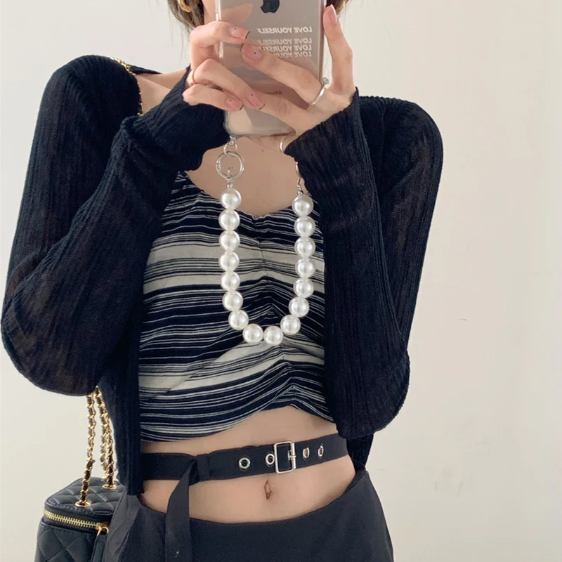 Pearl Diary Summer Thin V-Neck Sunscreen Shirt Knitting Single-Breasted Top Women Beach Outing Long Sleeve Cardigan