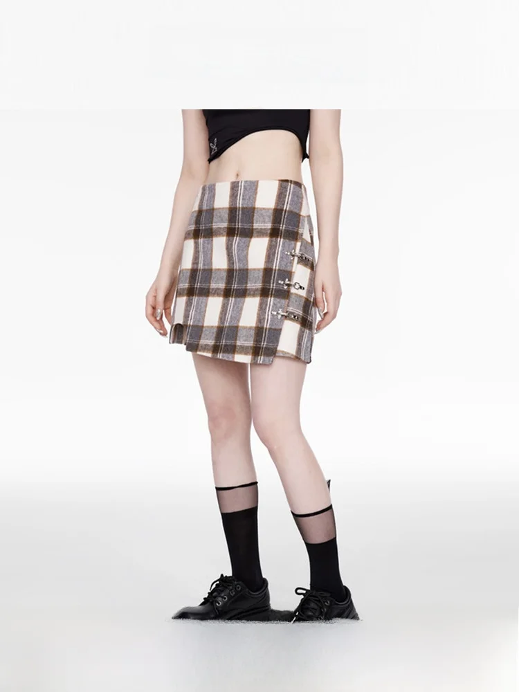 Guukahero High Waist Plaid Skirt Women's Retro Slim Fit A-Line Skirt Asymmetrical Hemline Polyester Wool Nylon Blend