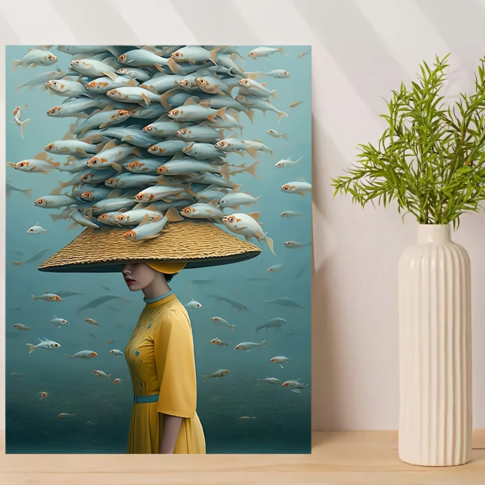 Frameless canvas paintings,Woman Wear Straw Hat in Water with Fish on Head Poster Print Abstract Canvas Painting Wall Art Pictur