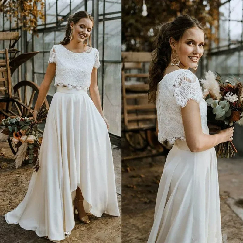 Vestidos de casamento boêmio personalizados, duas peças, top de renda com manga, vestido de noiva, gola joia, praia, vestido de casamento