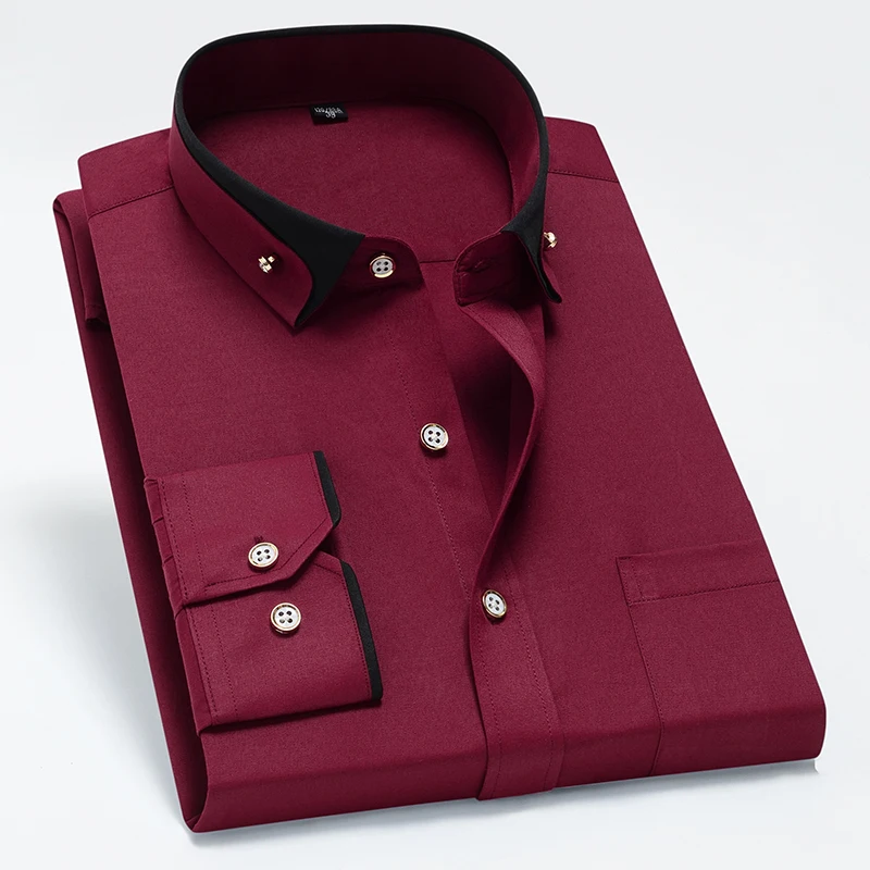 Men\'s Long Sleeved Shirt With Diamond Buckle Collar Pocket Slim Fit Business Banquet party Christmas Red-Wine Red Top S-3XL-4XL