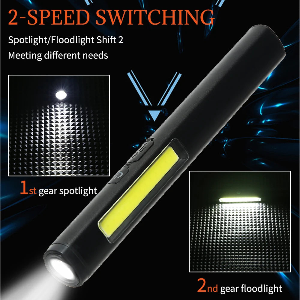 Portable Pen Light COB+XPE Dual Light Source Tail Magnet Torch With Pocket Clip 8 Lighting Modes Outdoor Waterproof Flashlight