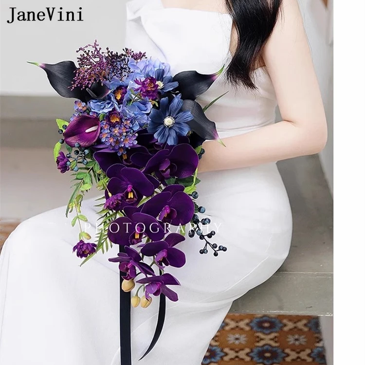 JaneVini Fashion Purple Waterfall Bridal Bouquets Wedding Silk Flowers Artificial Butterfly Orchid Cascading Bouquet for Bride