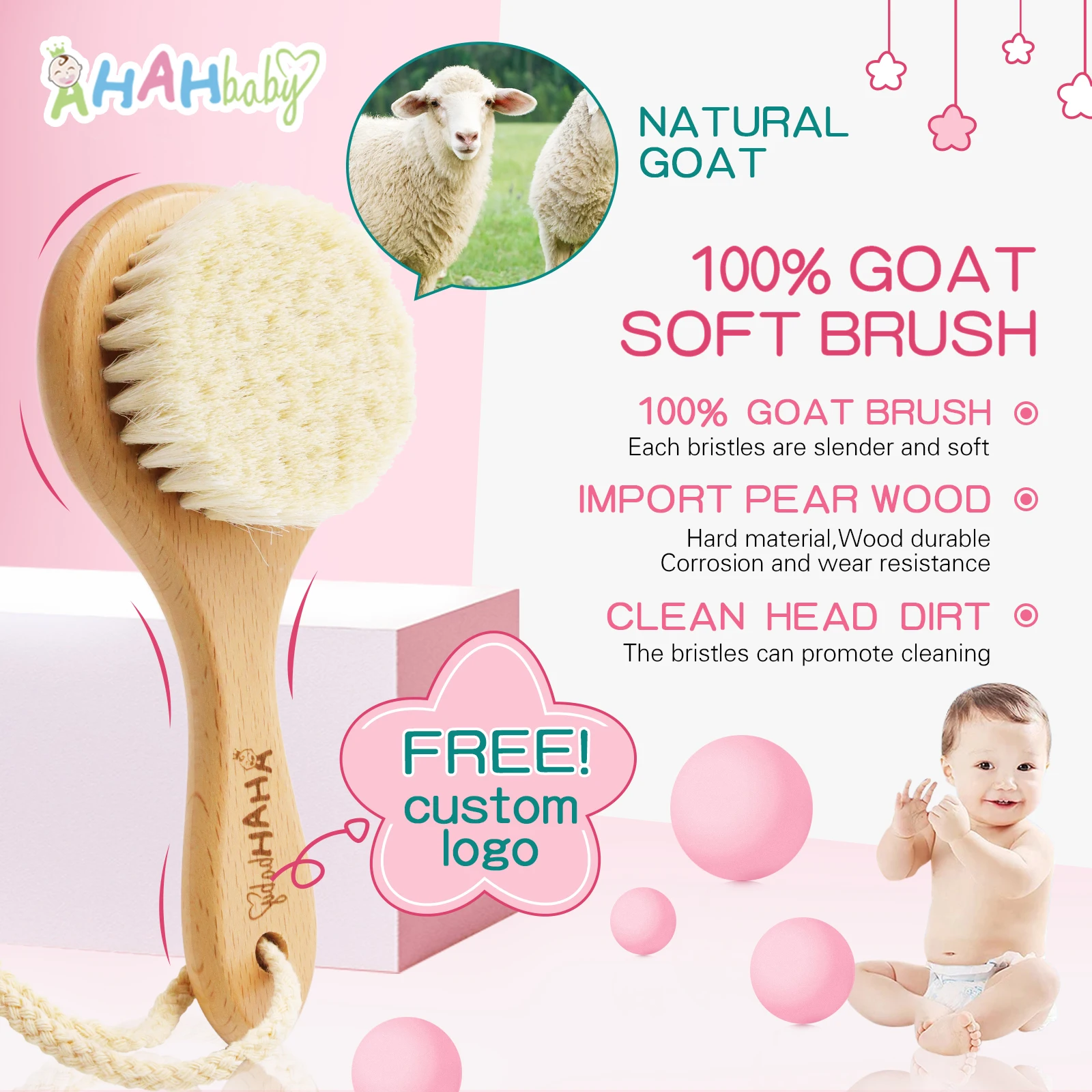 Baby Hair Bursh Personalized Name Baby Brush Soft Goat Kids Hair Brush for Bathing Wood Comb for Newborn Babies Hair Brushes