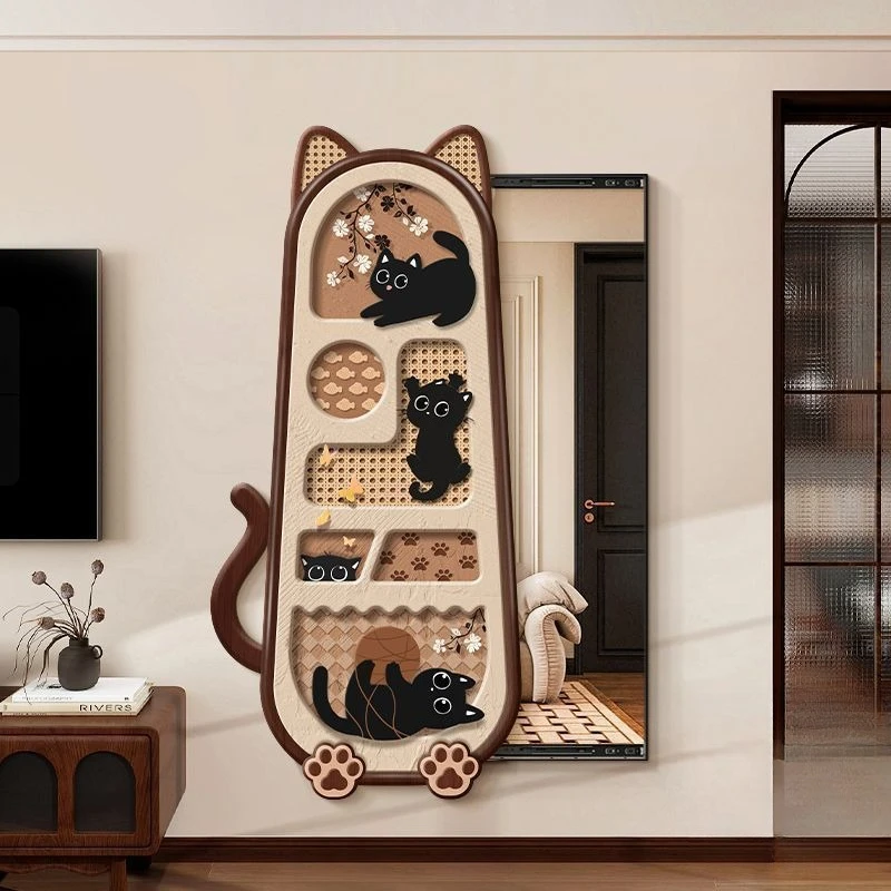 Pittura decorativa francese retrò ingresso cartone animato gatto antico specchio push-pull nascosto a figura intera