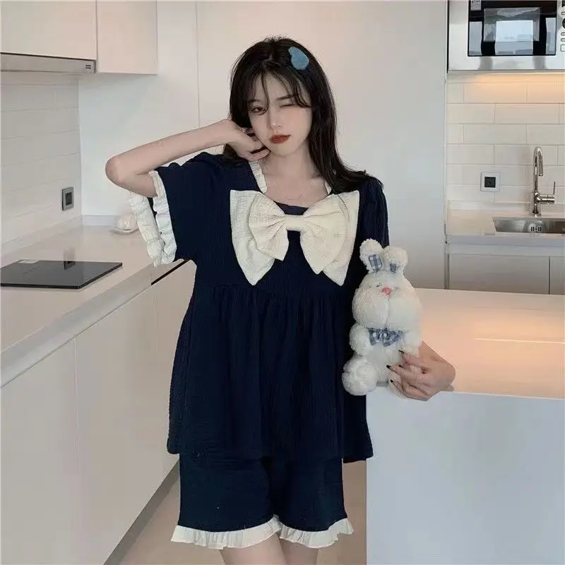 

Японский комплект домашней одежды с бантом для девочек в стиле Харадзюку Y2K, летний милый комплект домашней одежды с короткими рукавами для девочек, тонкий милый пижамный комплект с эмо