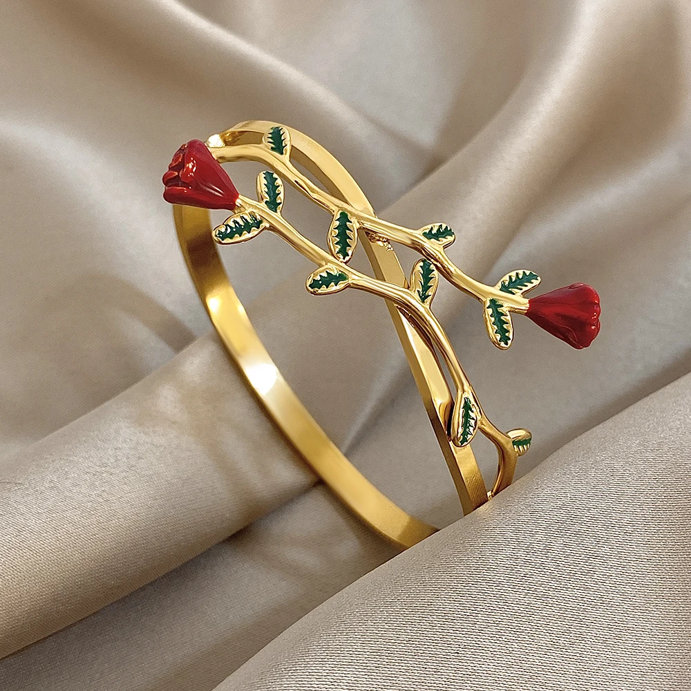 

DODOHAO Creative Rose Flower Stainless Steel Bangle Bracelet for Women Waterproof Gold Color Spring Open Bangle Party Jewelry