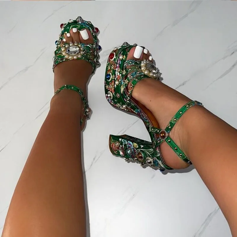 Muti Jewel Studded Sandals Metallic Leather Chunky Heels 14cm Platfrom Strappy Sandals Shoes Big Size 43 Pink Green Black Gold