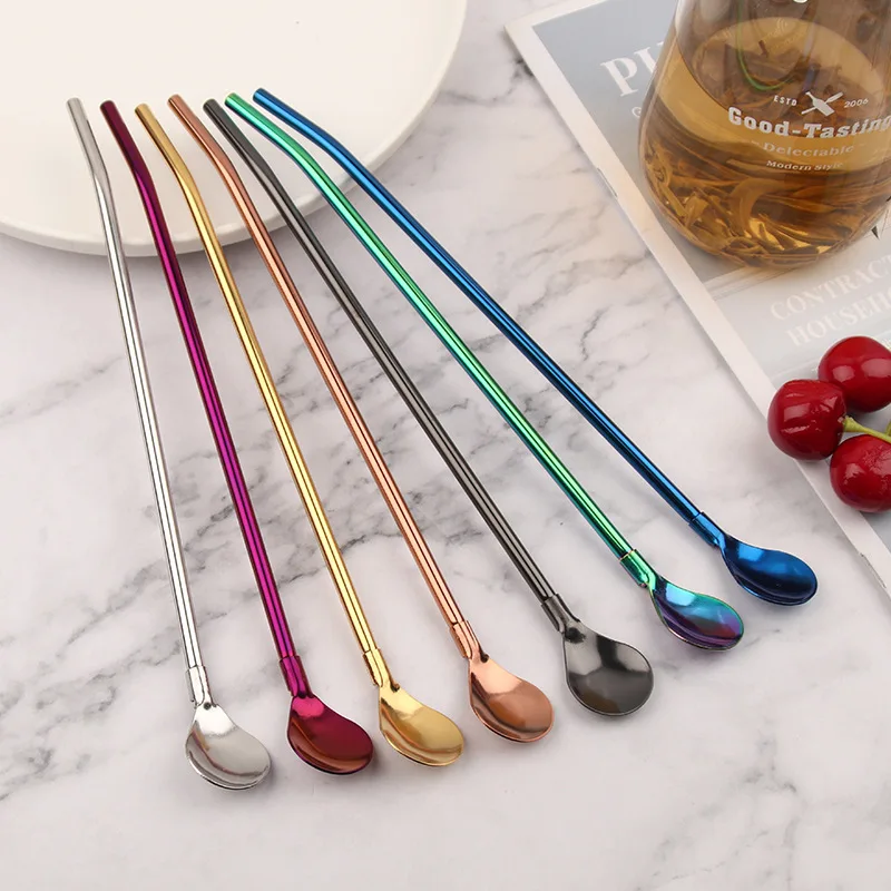 304 Stainless Steel Straw Spoon with Long Handle, Metal Mixing Spoon, Fruit Milk Tea Drink Pipette, Sucking Tube