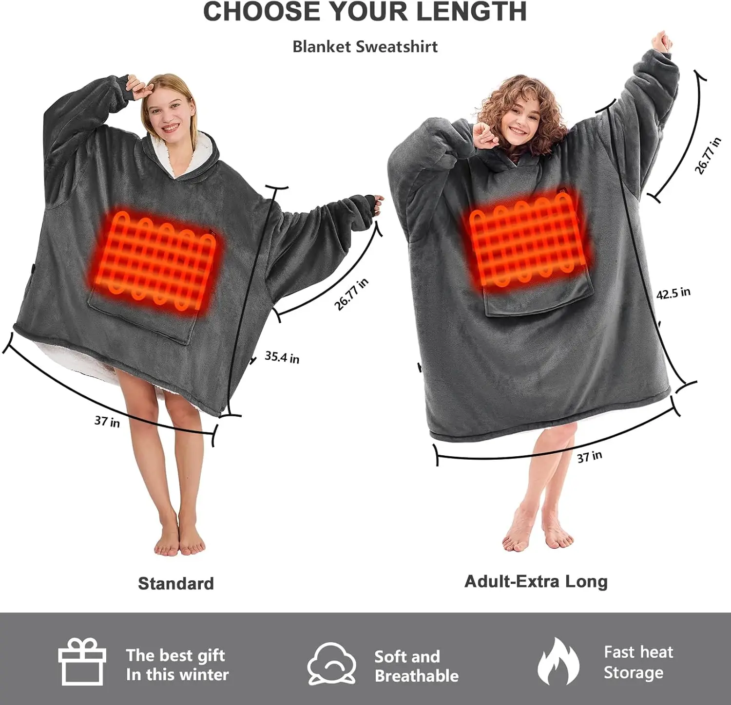 بطانية بغطاء للرأس قابلة للارتداء، لاسلكية محمولة مع 3 إعدادات للحرارة وبنك طاقة، رمادي