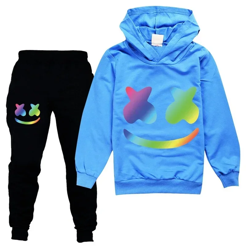 DJ Marshmello Stagione primaverile Autunno Set di abbigliamento Felpe con cappuccio e pantaloni per bambini Tuta da bambino per ragazzi Ragazze adolescenti Abiti casual MN1