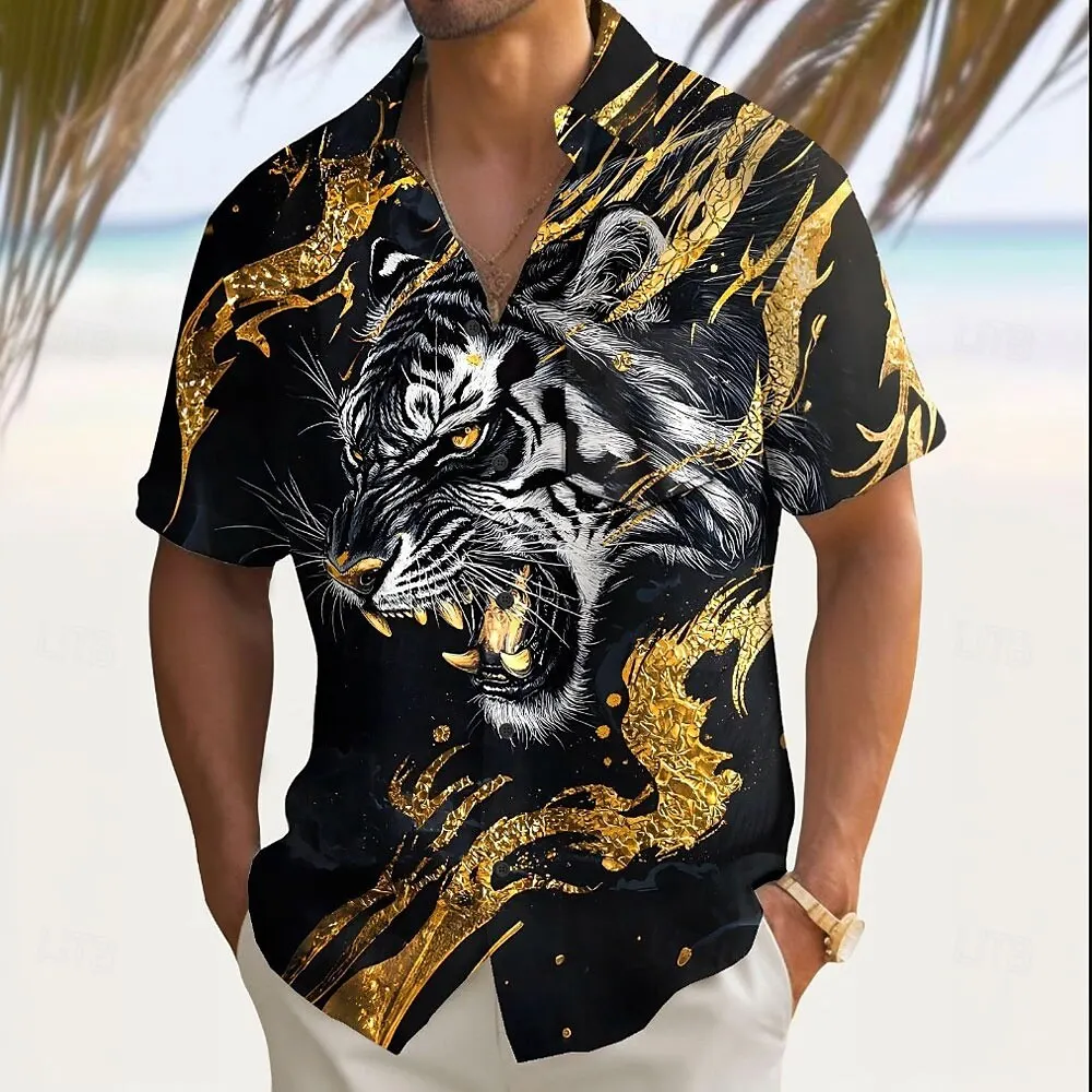 

Men's Roaring Animal Tiger Shirt Summer Shirt Button Up Shirt Short Sleeve Dark Outdoor Vacation Dailywear Summer