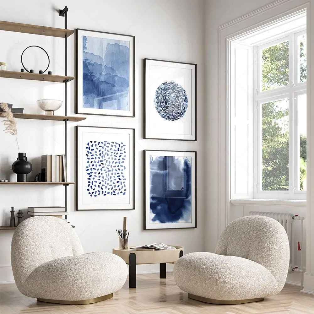 Navy Blue Abstract Canvas Painting Wall Art Scandinavian Modern Prints Geometric Minimalist Poster Decor Pictures Living Room