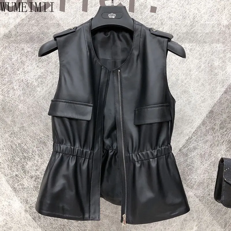 2025 Spring and Autumn New Simulation Leather Vest Women's Short  Sheepskin Vest Wear Fashion Sleeveless Outside