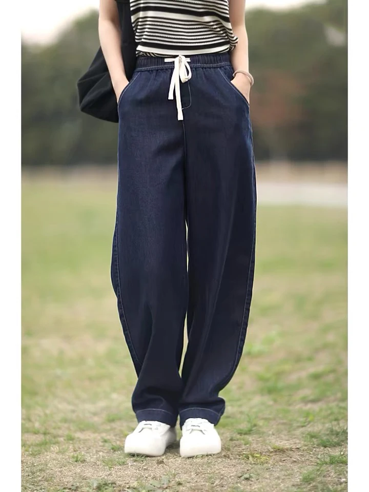 Jeans blu effetto snellente Pantaloni casual larghi drappeggiati a vita alta Jeans a gamba dritta Pantaloni denim estivi da donna versatili