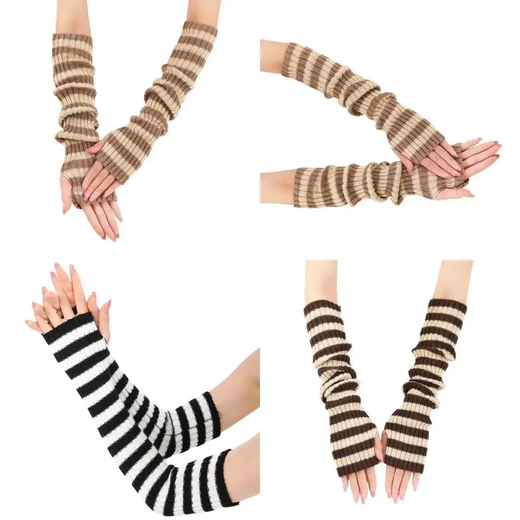 R1WE guanti a maglia a strisce Design a mezzo dito polsini lunghi per calore inverno autunnale