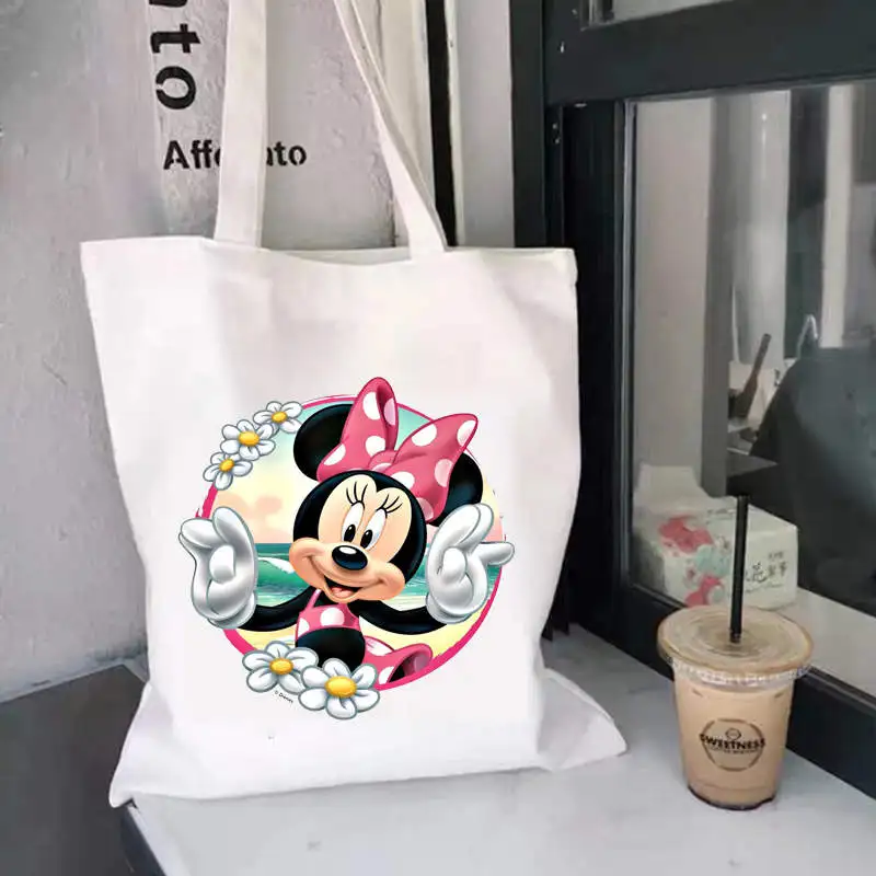 Disney Cute Minnie Mouse Print Shopping Bag Graphic Tote Harajuku Shopper Bag Women Cute Love Canvas Shoulder Bag Female