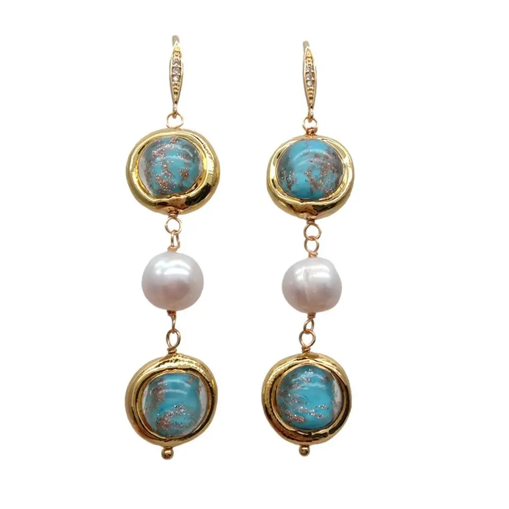 Y·YING Cultured White Pearl Blue Murano Glass Dangle Hook Earrings Handmade For Women Party