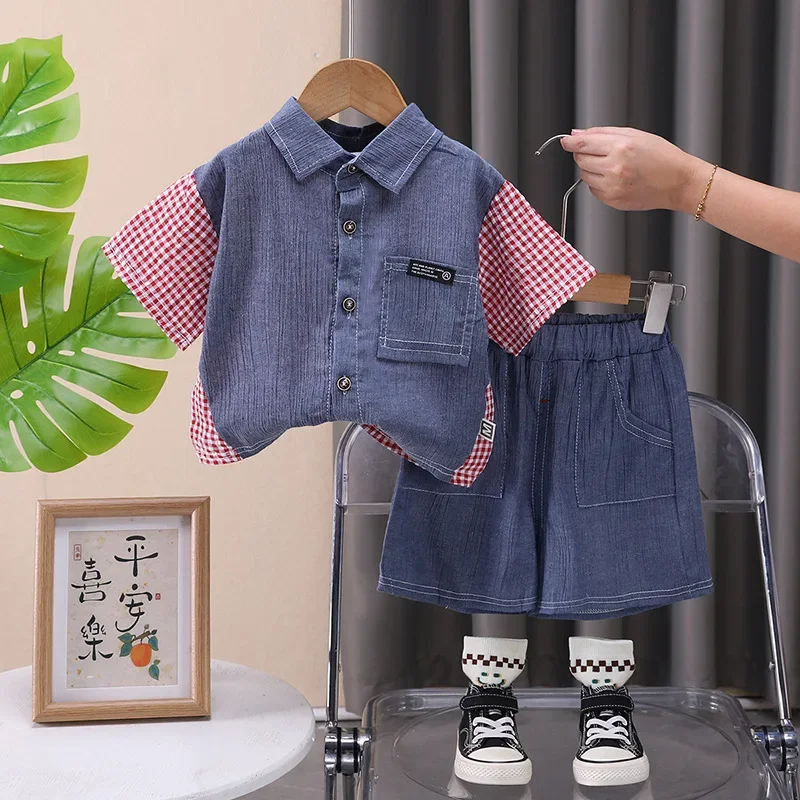 

New Summer Baby Boys Clothes Children Plaid Shirt Shorts 2Pcs/Set Fashion Kids Girls Clothing Set Infant Costume Toddler Outfits