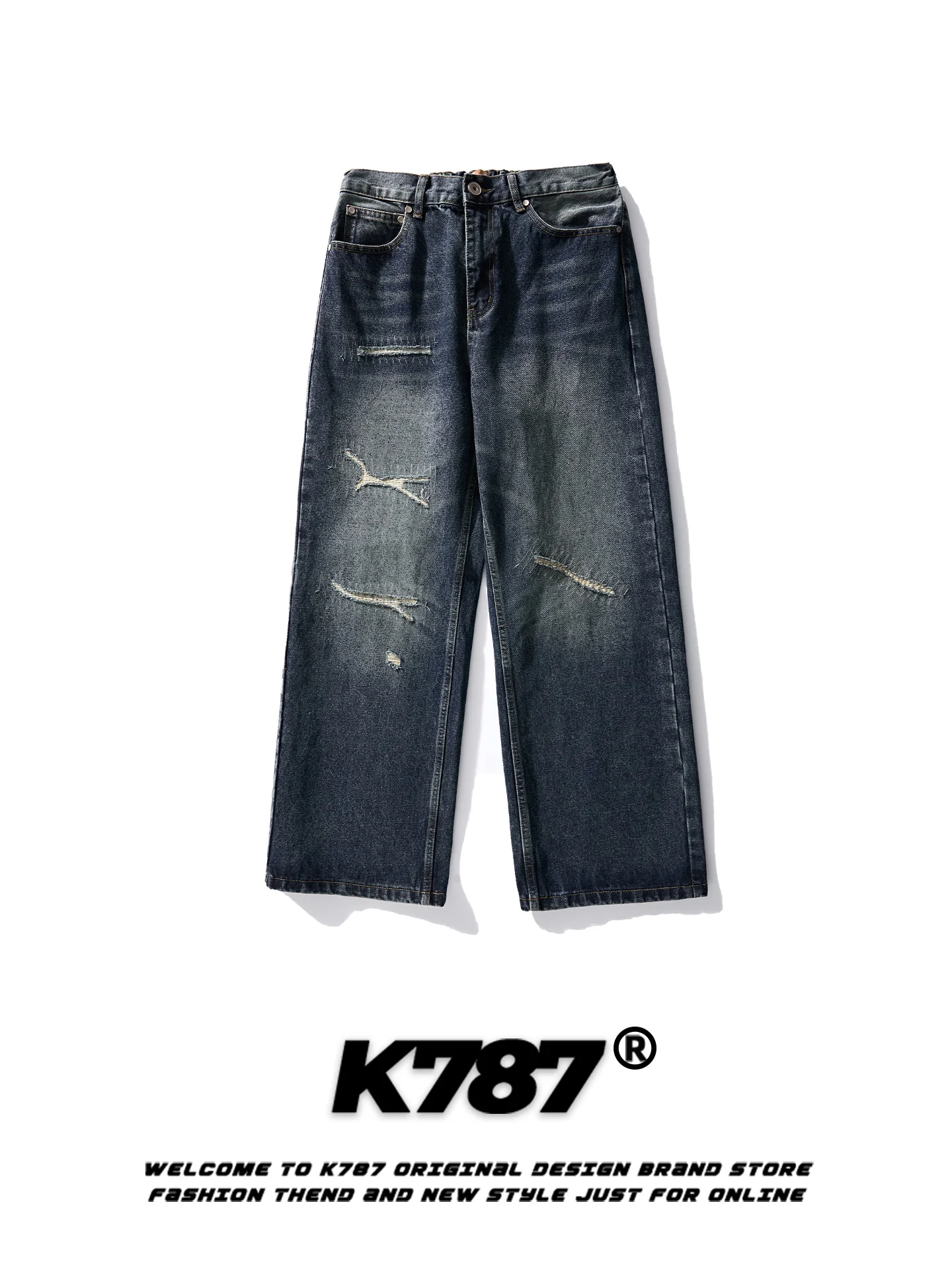 

K787 American Street Sle Vintage Ripped Straight Leg Jeans Loose Casual Men's Women's Slimming Wide Leg Floor-Length Pants