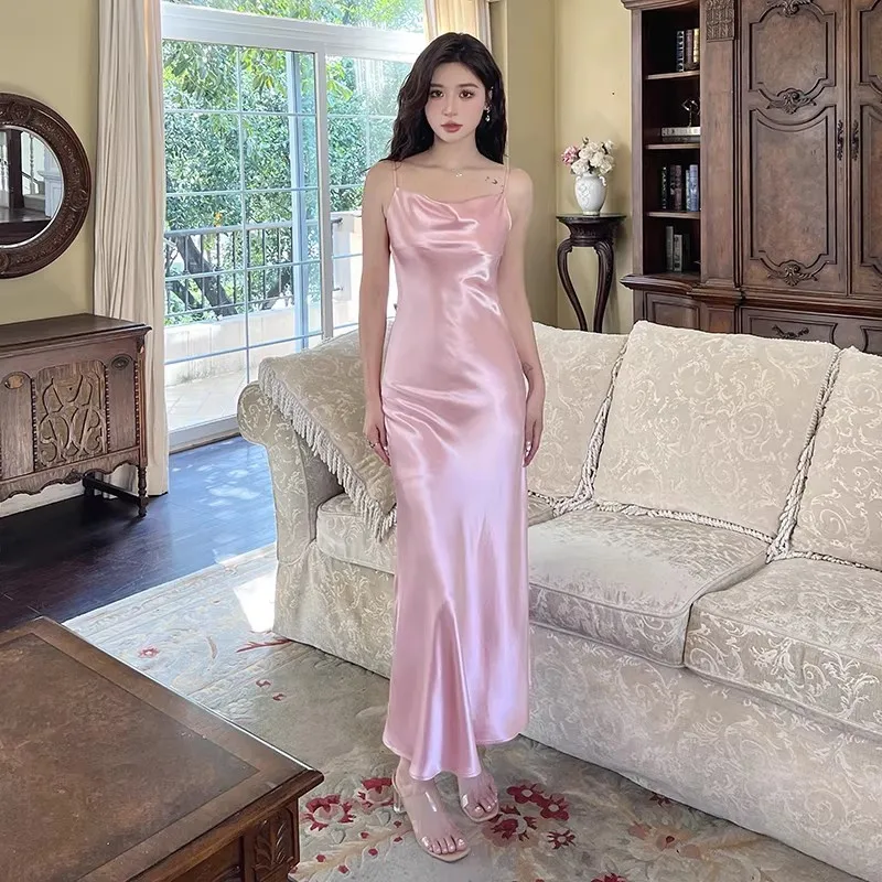 ชุดเดรสสายเดี่ยวผ้าซาตินไหมอะซิเตทหรูหราสง่างามสำหรับผู้หญิง สีเขียว ม่วง ดำ ชมพู ขาว ทรงเข้ารูป สายยาว