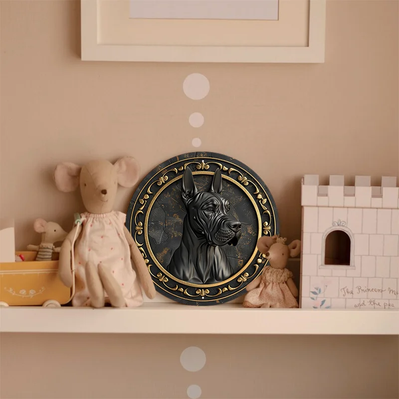 1pc 8x8inch Aluminum Metal Sign Circular Metal Plaque Decoration Great Dane Dog Portrait On Black And Golden Wooden Plate Lf