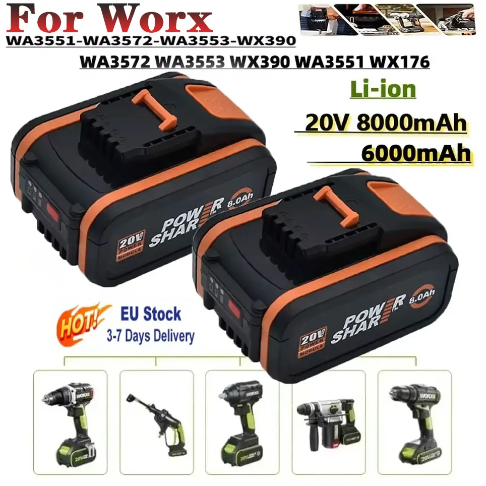 Batterie Worx WA3551 6000mAh/8000mAh 20V pour outil électrique sans fil WA3572 WA3553 WX390 WX176 WX178 Batterie de rechange