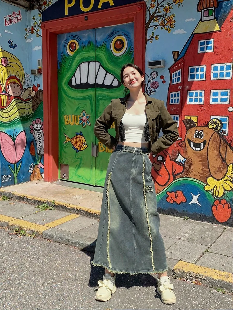 

Джинсовые юбки длиной до щиколотки, женские хлопковые лоскутные плиссированные подол миди, художественный шик, элегантные, современные, женские, многослойные, классические, милые