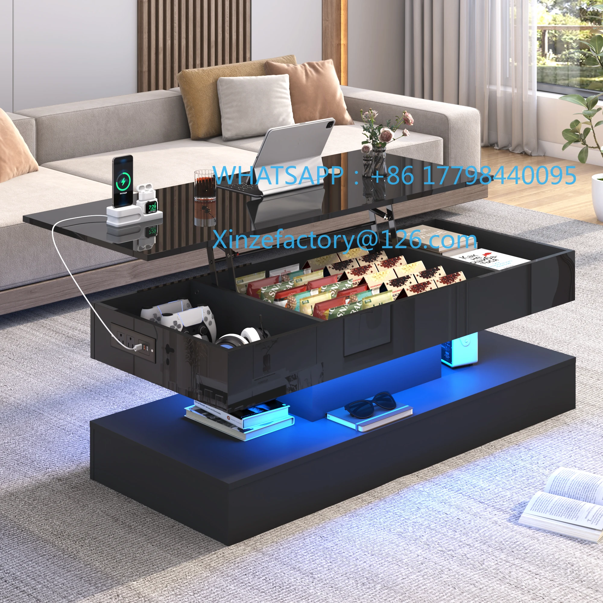 

Customizable High Glossy LED Coffee Tables for Living Room, Center Table with Open Display Shelf & Large Storage Space, White Co